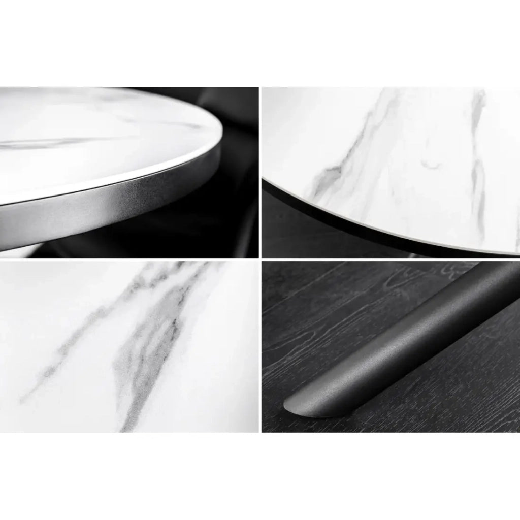 Tavolo da pranzo rotondo allungabile OPHIRA 120-160 cm – Ceramica effetto marmo bianco e metallo nero