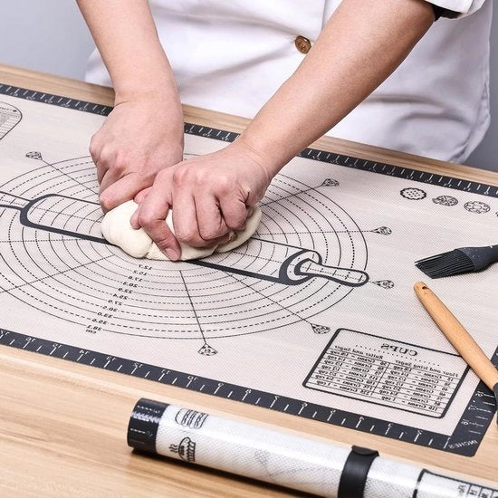 Mat di silicone grande - 71 x 51 cm - rivestimento antiaderente - con divisione metrica - mat per impasto - sottopiatto per forno - tavola per stendere - per fondant e dolci - grigio
