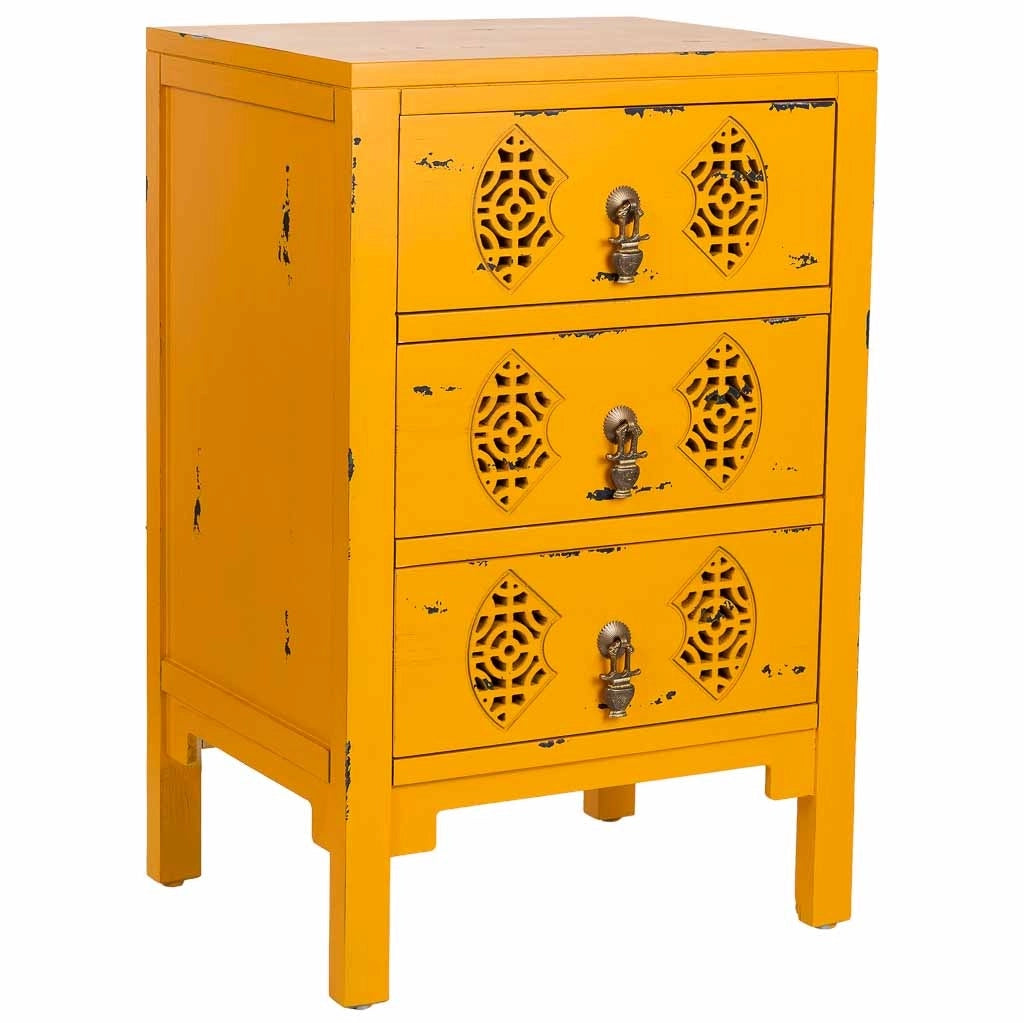 Mesita de madera con 3 cajones amarillo 45x36x70