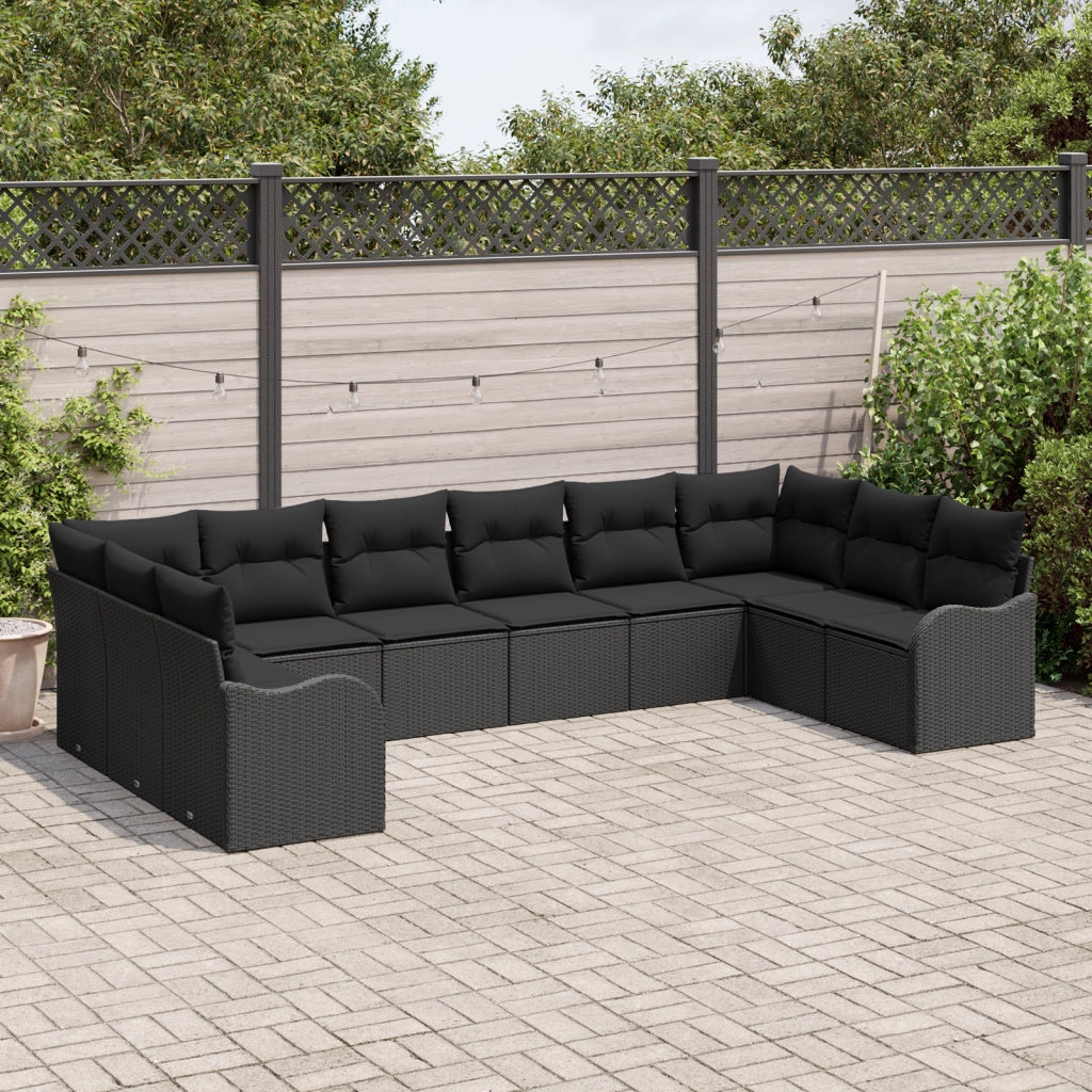 Set di divano da giardino  10 pezzi con cuscini neri in polyrattan
