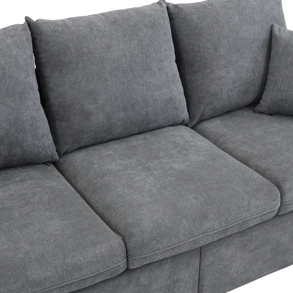 Divano Angolare Modulare 3 Posti con Contenitore; Convertibile con 2 Pouf Contenitore; Struttura Metallo Legno in Ciniglia Grigio Scuro
