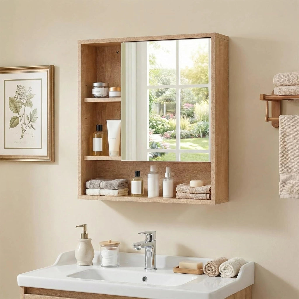 Mobile Bagno con Specchio da Parete, Specchiera Salvaspazio in Legno con Ripiano Regolabile e Scomparti Aperti, Armadietto Pensile per Bagno, Soggiorno e Cucina, 55 x 16,5 x 61 cm (Naturale)
