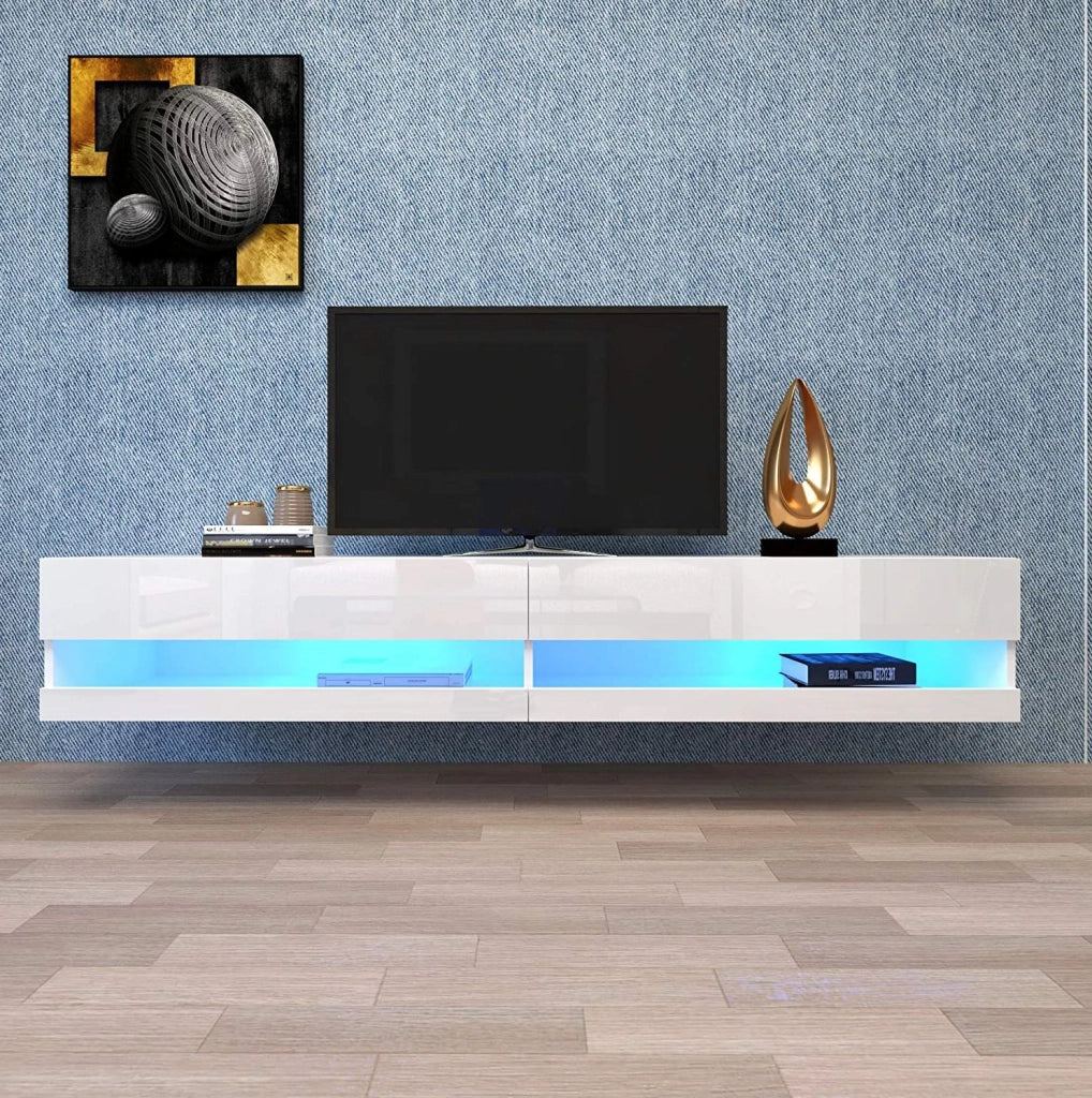 Mobile TV sospeso con LED controllabili via app; MDF; bianco