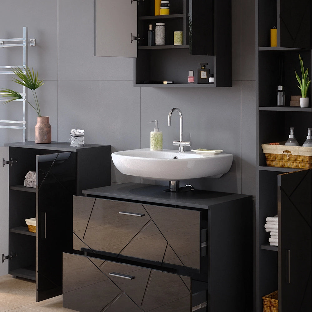 Vicco Set mobili bagno Antracite lucido 4 pezzi, con cassettiera e mobile midi