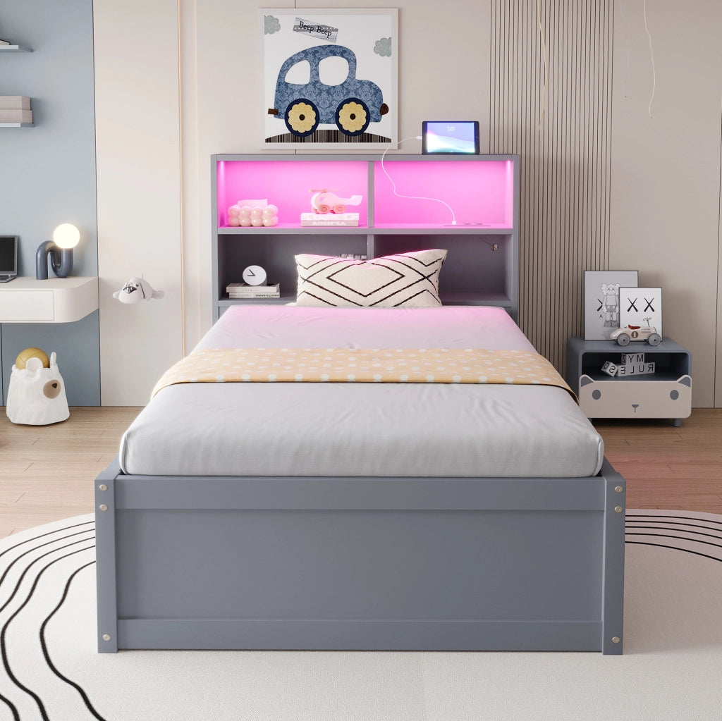 Letto singolo multifunzione con LED, presa integrata e 4 vani contenitivi