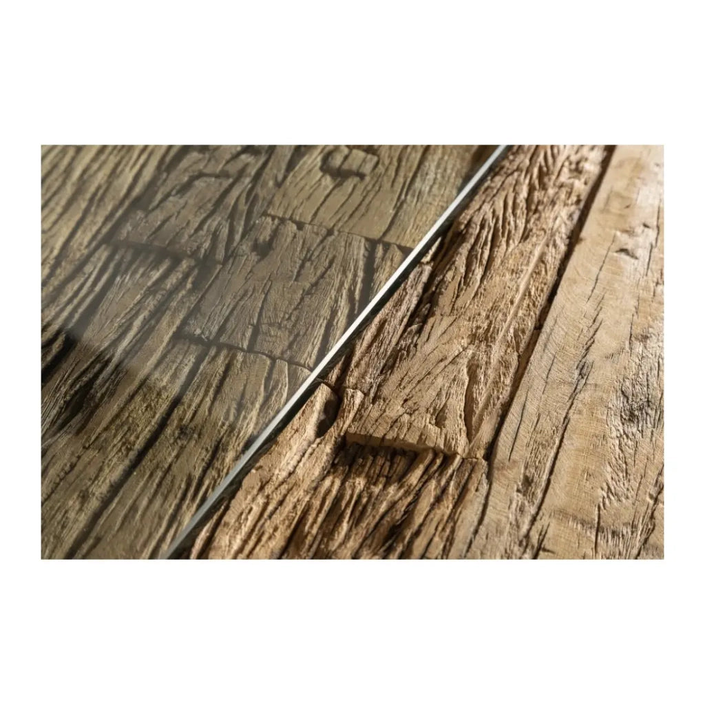 Table RAFTA 220 x 100 cm - Piano in teak massiccio con vetro temperato e gambe in metallo nero a X