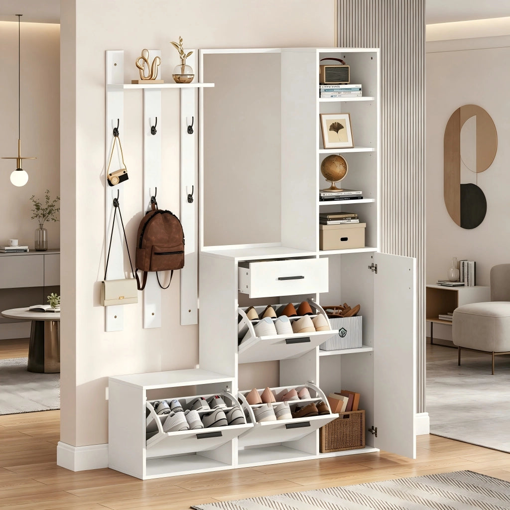 Mobile ingresso con 3 vani scarpe; 1 cassetto; specchio e 6 ganci - per ingresso - 120x30x178 cm - bianco