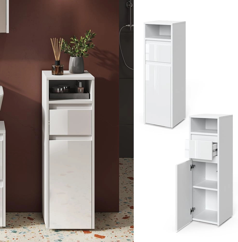 Mobiletto bagno Majest, Bianco lucido, 30.2 x 96.3 cm, per la conservazione di accessori da bagno e combinabile