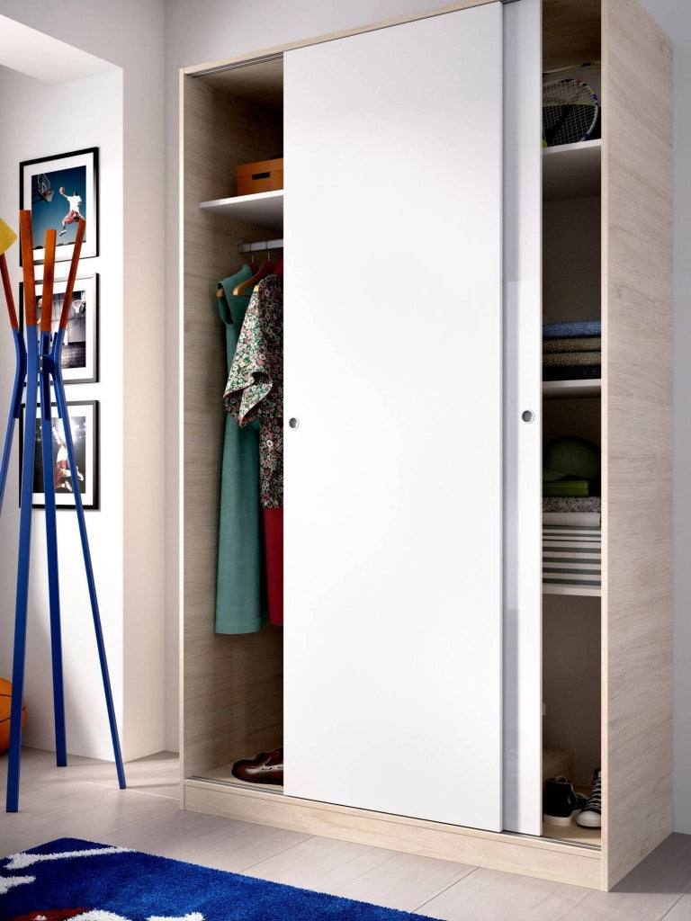Guardaroba Alyson, Mobile appendiabiti per camera da letto, Armadio a 2 ante scorrevoli, 120x50h204 cm, Bianco e Rovere