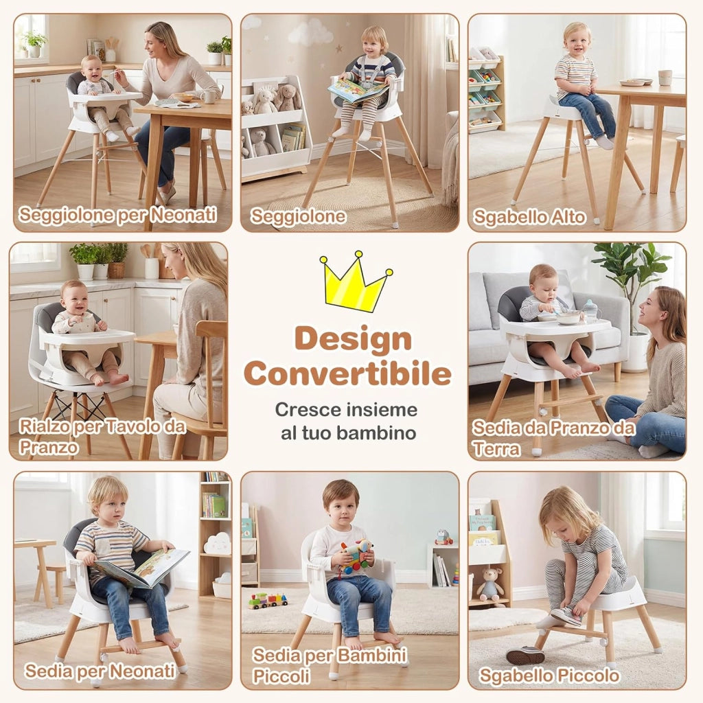 Seggiolone Pappa per Neonati, Vassoio Regolabile | Seggiolone Evolutivo Convertibile con Cuscino Rimovibile, Cintura di Sicurezza a 5 Punti, in Legno con per Bambini 6-36 Mesi