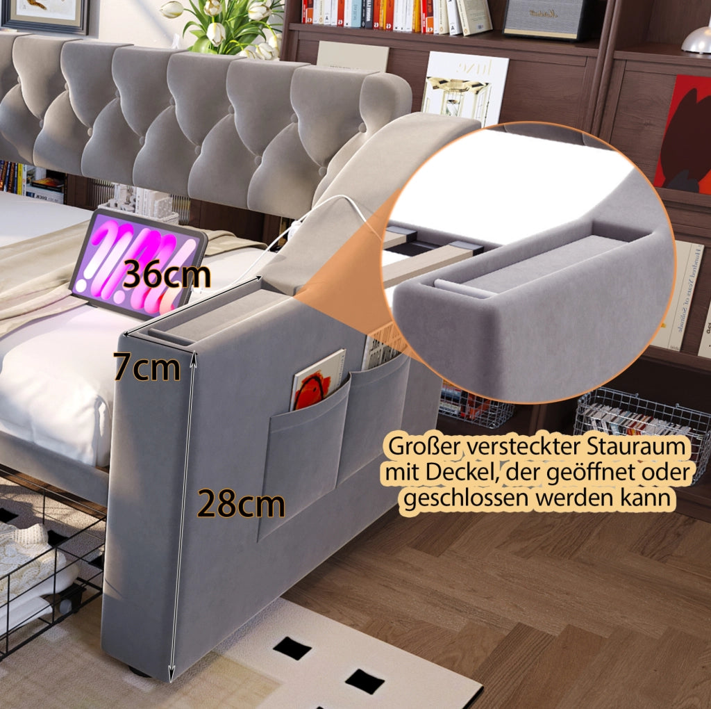 Divano letto imbottito 90x190 cm con cassetti; USB e USB-C in velluto grigio chiaro