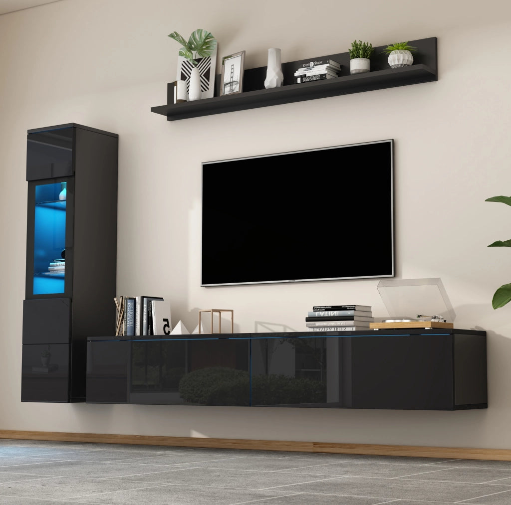 Parete attrezzata 3 pezzi con illuminazione LED RGB in truciolare nera