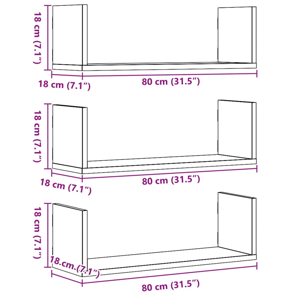 Mensole a Parete 3pz Legno Antico 80x18x18 cm in Truciolato 853297