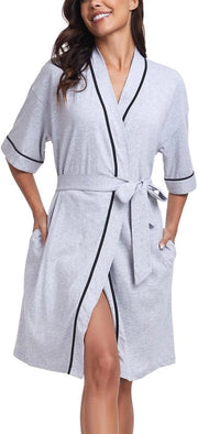 Kamis da notte 100% cotone, donna, corta, leggera giacca da bagno estiva, maniche corte, kimono per sauna, abbigliamento da notte donna leggero e sottile (grigio, L)