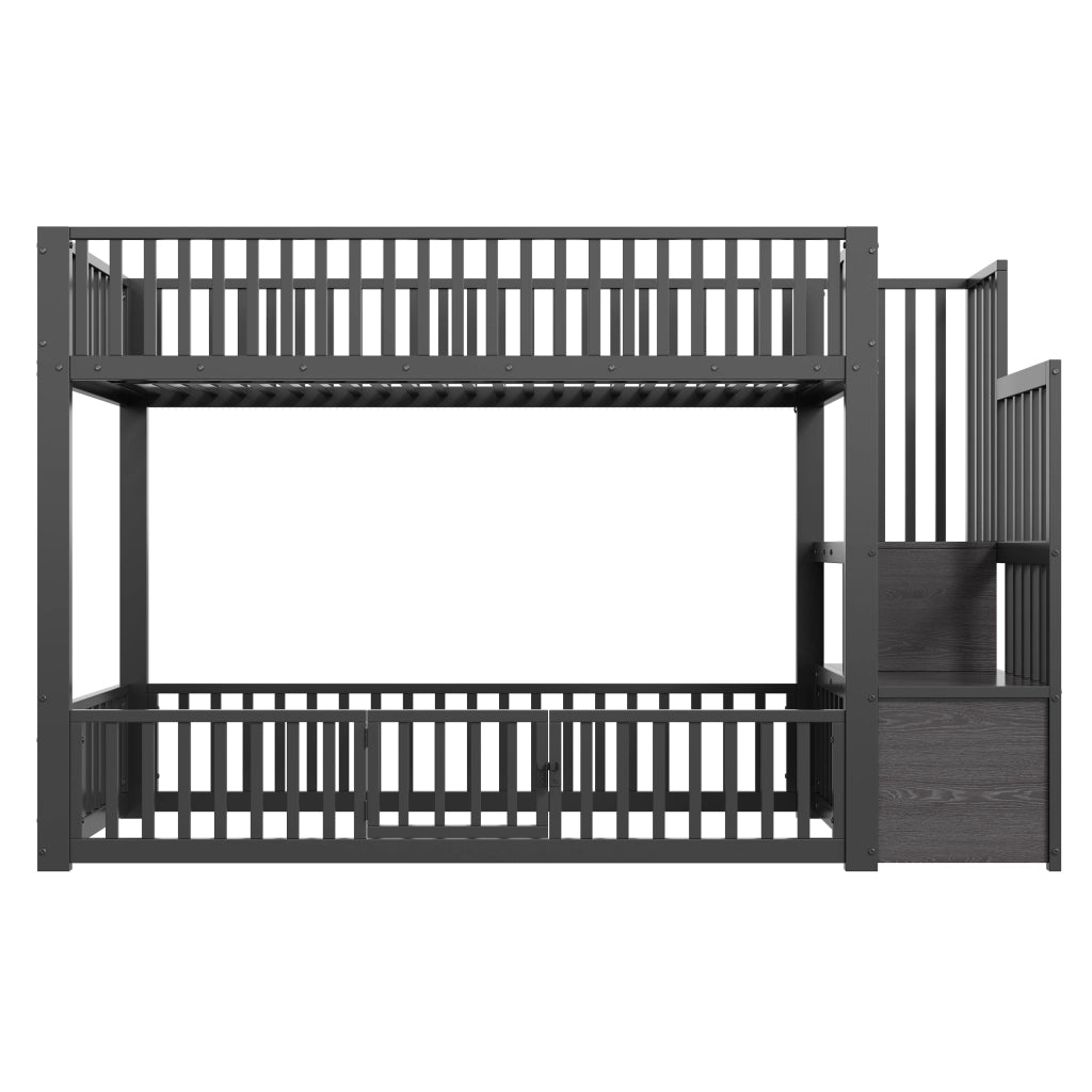Letto a soppalco con LED - Zephmum- 90x200, Nero, Scala con spazio di archiviazione