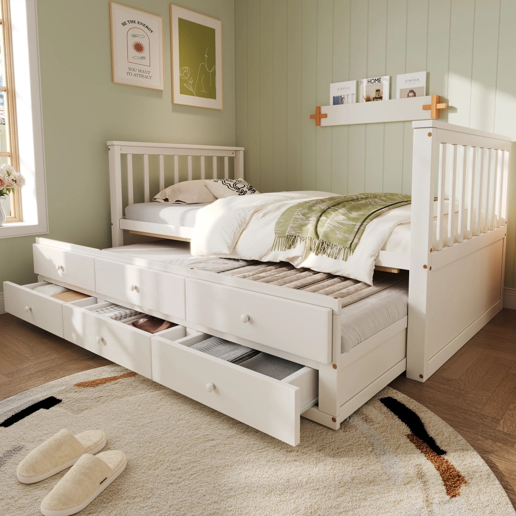 Letto singolo estraibile con tre cassetti in legno e MDF bianco per bambini e ospiti dal design elegante