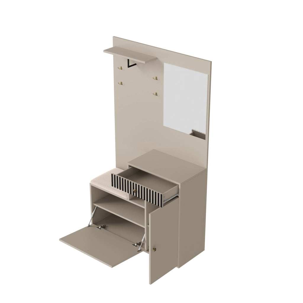 Set mobili da ingresso con specchio, panca imbottita, ripiani, appendiabiti e scarpiera in MDF Beige Crema