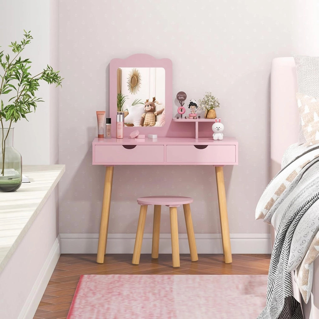 2 in 1 Set Toeletta per Bambini, Postazione Trucco in Legno con Sgabello, Specchio Rettangolare Staccabile e 2 Cassetti Capienti, Ideale per Bambini dai 3 ai 7 Anni, 70 x 37 x 100 cm