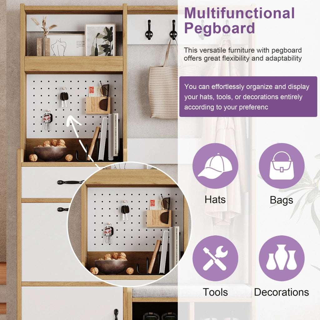 Mobile da ingresso con scarpiera, panca e vani aperti, 1 cassetto, in truciolato bianco e rovere 108.5 × 35 × 180 cm