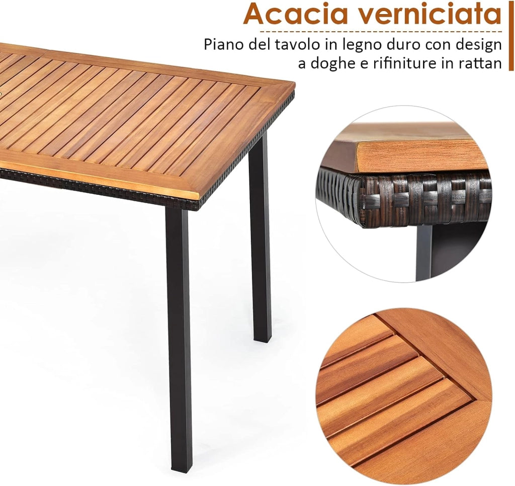 Tavolo da Giardino in Legno di Acacia, Tavolo Rettangolare con Struttura in Acciaio e Foro per Ombrellone, Ideale per Giardino Cortile Balcone, 140 x 75 x 76 cm