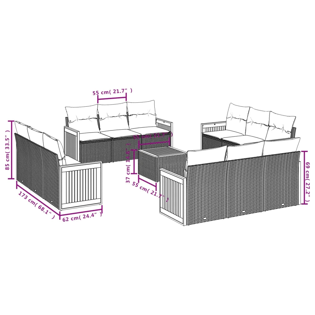 Set Divano da Giardino 13 pz con Cuscini Beige in Polyrattan 3227522
