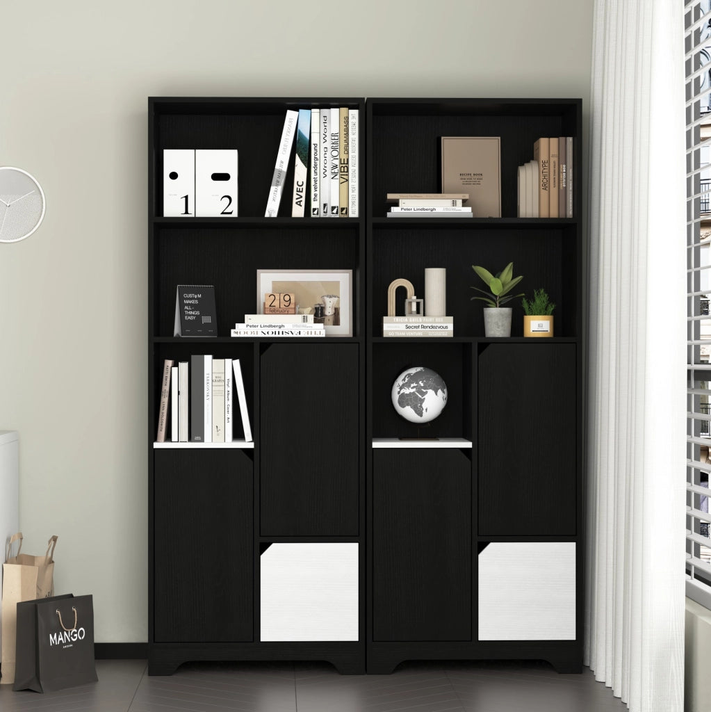 Libreria con 2 ripiani aperti e anta; 60x35x160 cm; truciolare nero