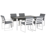 Set da pranzo da giardino in 7 pezzi Tavolo allungabile in alluminio bianco e 6 sedie con cuscini grigi