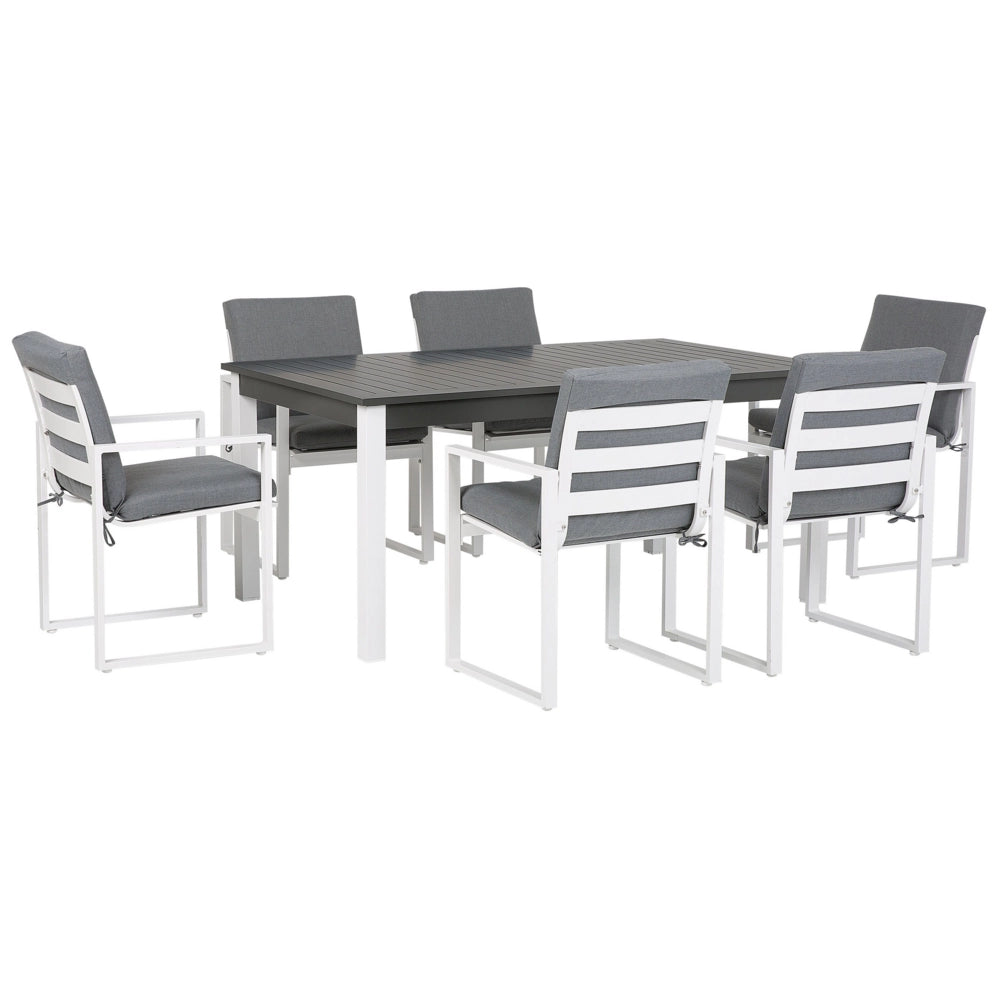 Set da pranzo da giardino in 7 pezzi Tavolo allungabile in alluminio bianco e 6 sedie con cuscini grigi