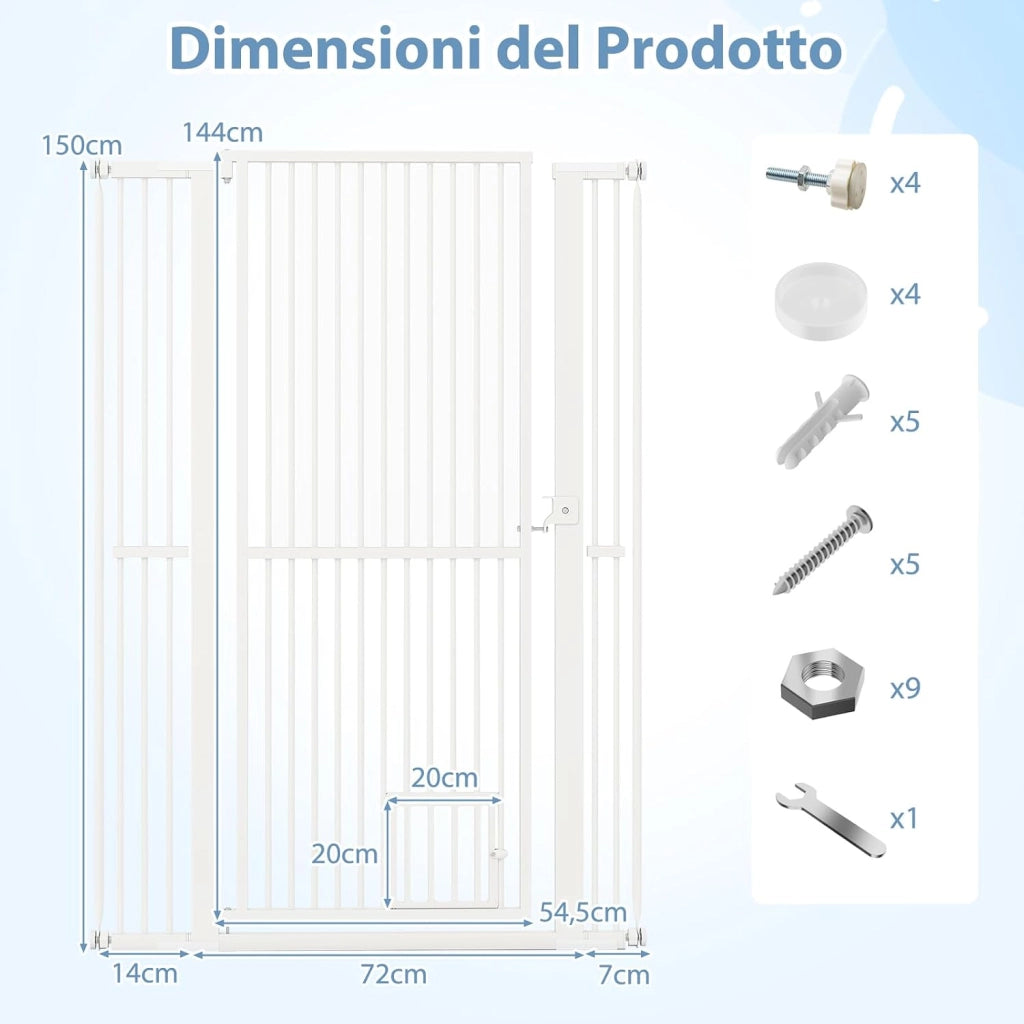 Porta per Animali Domestici Extra Alta, Cancello per Gatti in Metallo Pesante con Apertura da 77-104 cm, 2 Kit di Estensione, Porta Facilmente Percorribile (77-104 cm x 150 cm)