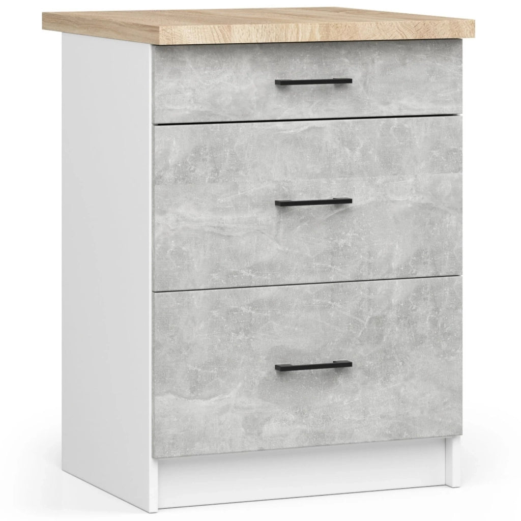 Mobile cucina modulare con piano di lavoro AKORD OLIWIA Bianco 60 cm 3 cassetti inserto frontale Cemento 60x46x85 cm
