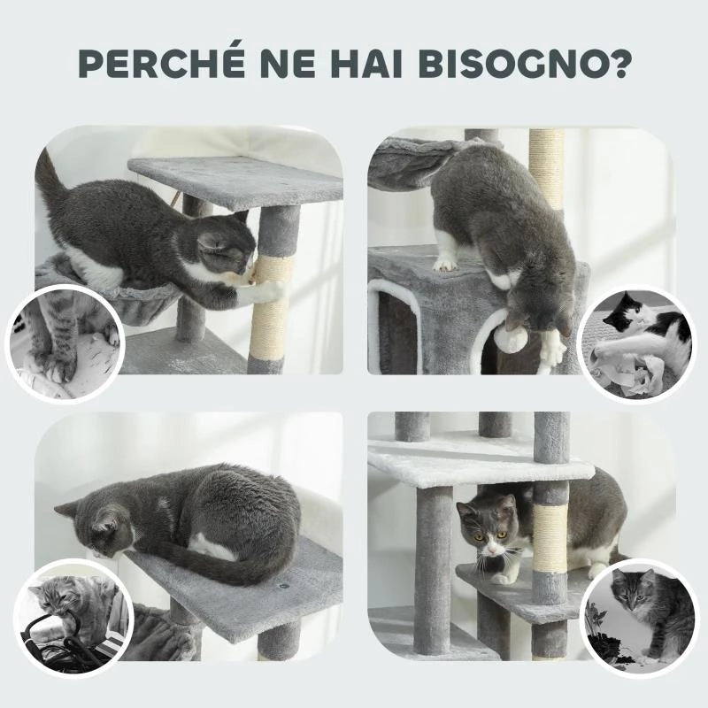ALBERO TIRAGRAFFI PER GATTI CON 2 CASETTE, RAMPA, TRESPOLI E 4 PALLINE, 48X40X165 CM, GRIGIO E BIANCO