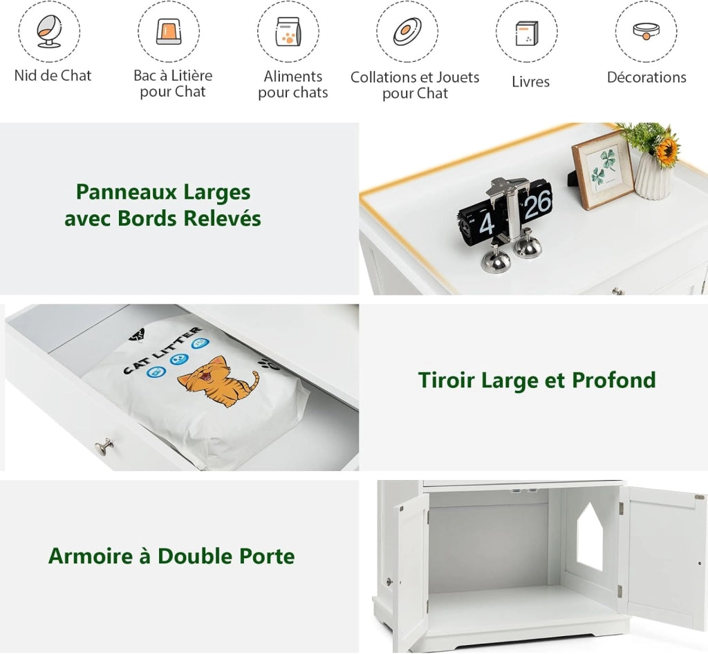 Mobile Lettiera per Gatti con 2 Ante e Cassetto, Armadio per Gatto in Legno con Ingresso Laterale, Grotta Rifugio Multiuso per Soggiorno, Camera da Letto e Ingresso, 76 x 53 x 74 cm (Bianco)