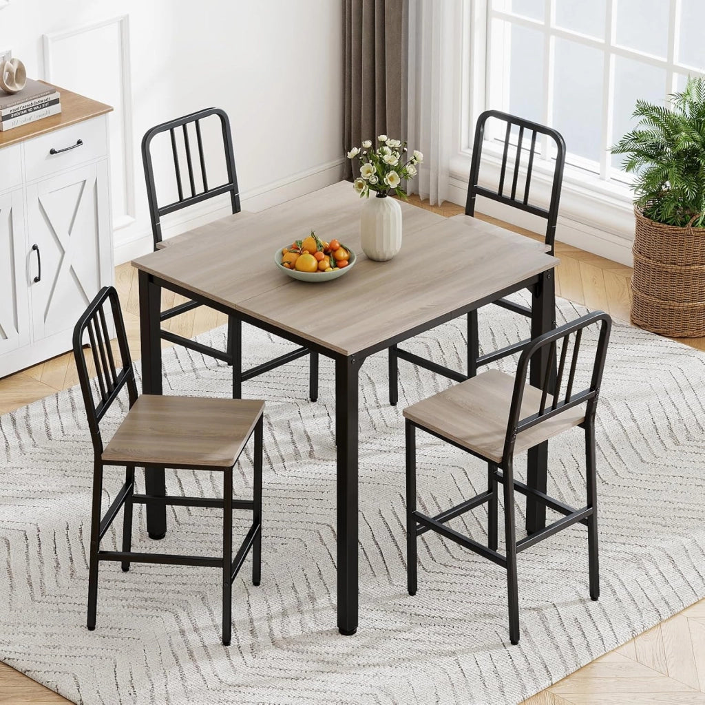 Set da Pranzo per 4 Persone, Set Cucina Bar 5 Pezzi con Superficie in Finto Marmo, Tavolo Quadrato in Legno e 4 Sgabelli Alti per Angolo Colazione e Sala da Pranzo (Grigio)