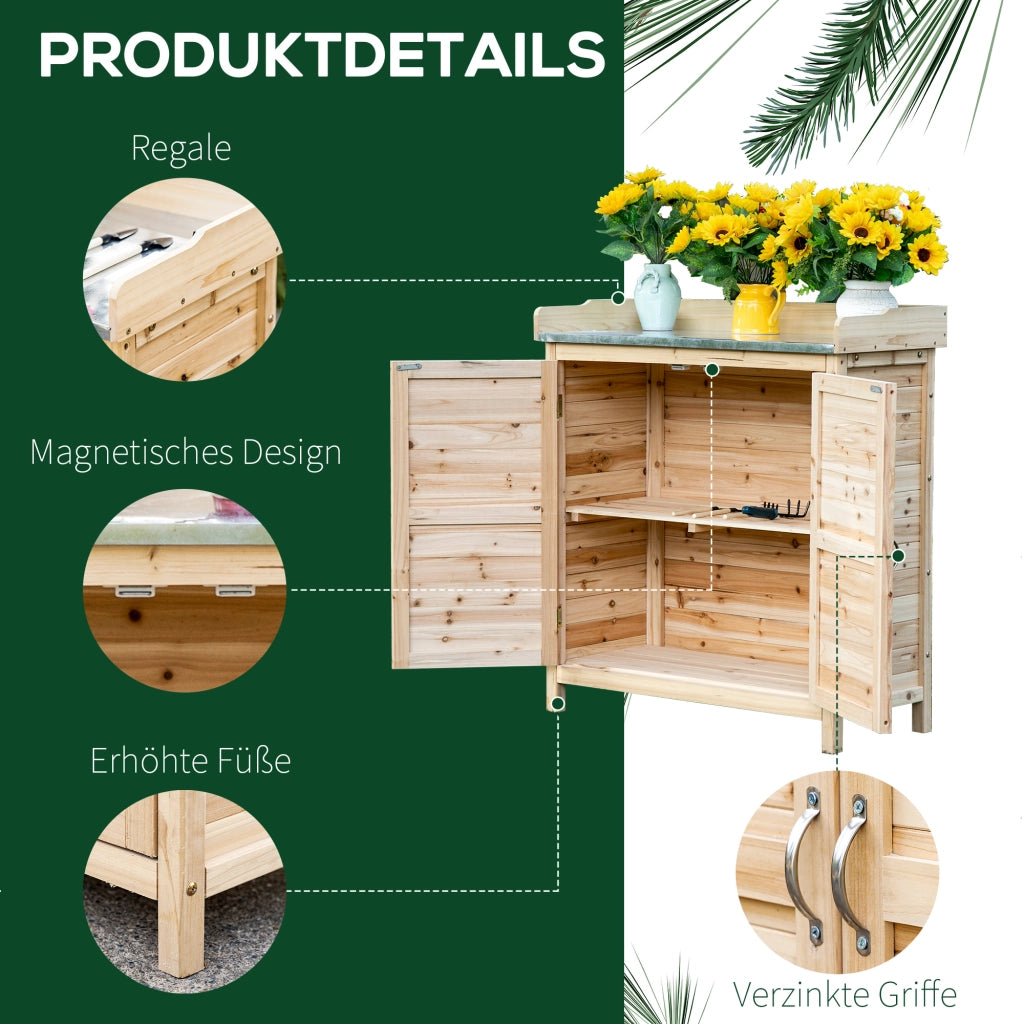 OKWISH Armadio da Giardino con Piano di Lavoro e 2 Scomparti, Doppia Porta, in Legno, Naturale, 83 × 40 × 92 cm