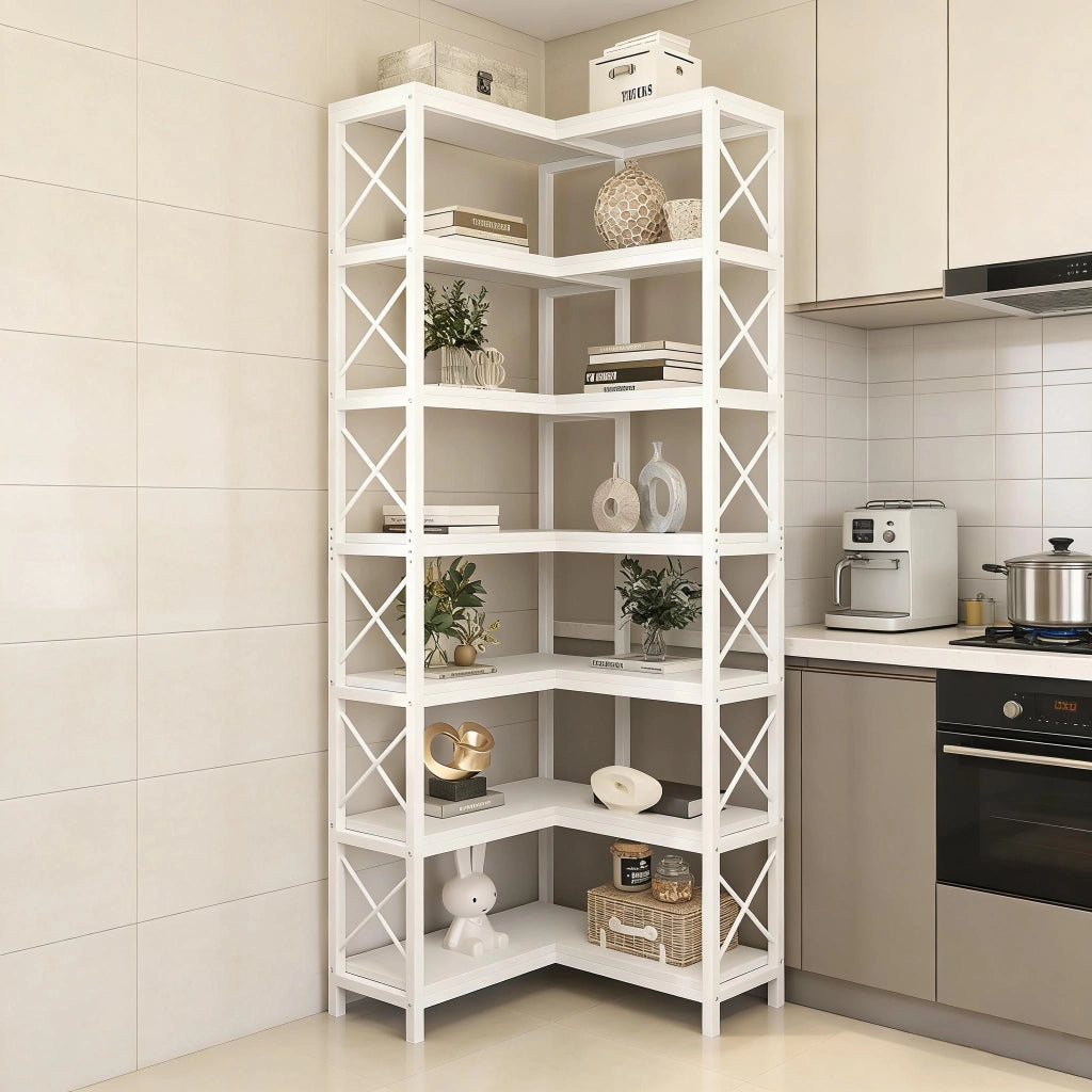 Scaffale angolare industriale a 7 livelli con 14 scomparti, metallo e legno, bianco