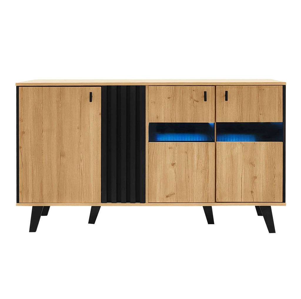 Credenza 140x78.5x41 cm con 3 ante; ripiani e LED; vetro e pannello truciolare