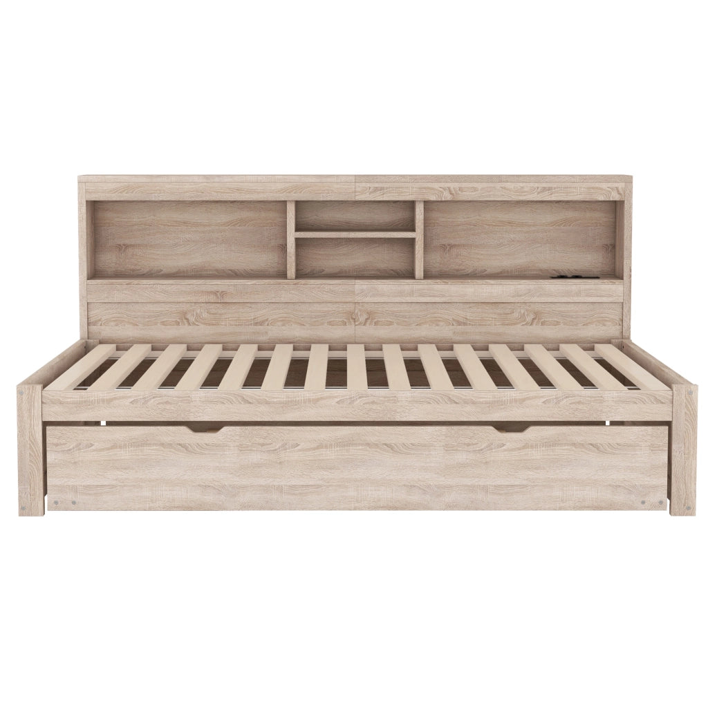 OKWISH Letto a Divano 90×200 cm, Letto Singolo con LED Regolabile, Presa e USB, Letto Estraibile 90×190 cm, senza Materasso, Naturale