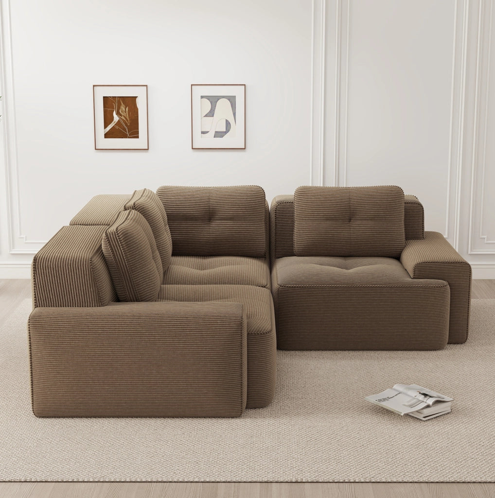 Divano angolare modulare 206x206x69 cm in velluto a coste marrone con seduta profonda