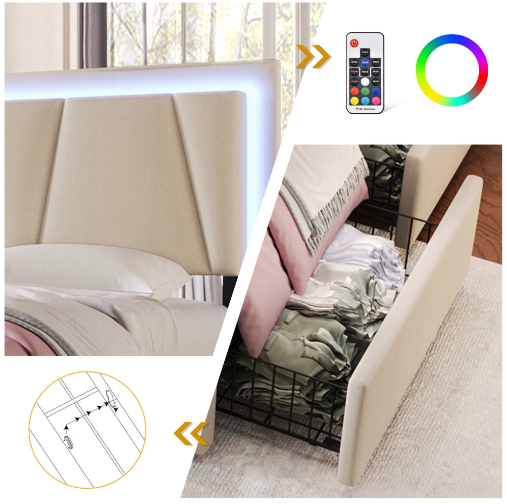 Letto matrimoniale imbottito 160x200 cm con LED; 4 cassetti e testiera regolabile; beige