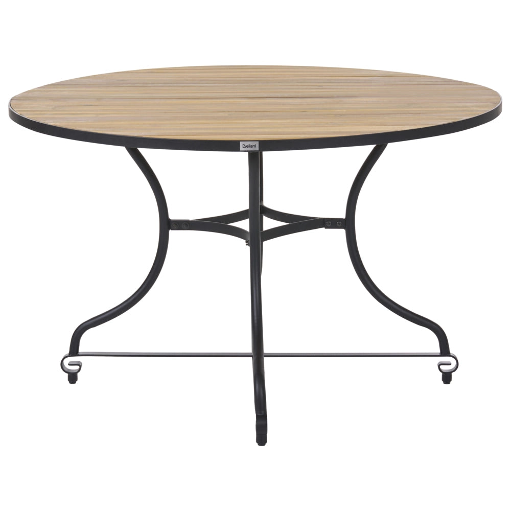 Tavolo da pranzo da giardino in stile rustico moderno con struttura in acciaio e piano in legno di acacia marrone chiaro