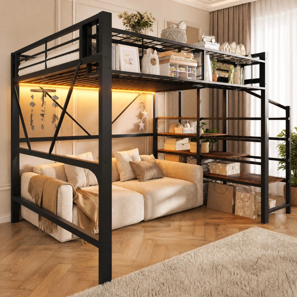 LETTO a soppalco 140x200 cm in metallo e MDF nero con scala e LED