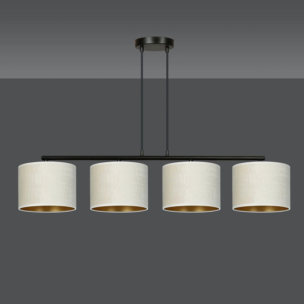 Lampadario 4 Luci Ganesha In Acciaio Nero E Paralumi In Tessuto Beige