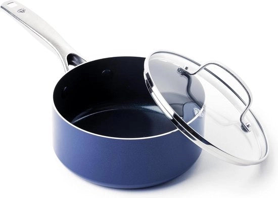 Padella in Ceramica senza Smalto con Coperchio 16cm/1.6L Senza PFAS Riscaldamento Induttivo Sicura per Lavastoviglie e Forno in Blu - Cottura