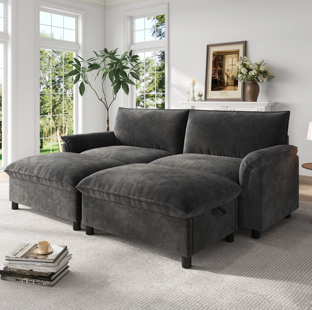 Divano in ciniglia grigio con pouf contenitore trasformabile 216 cm