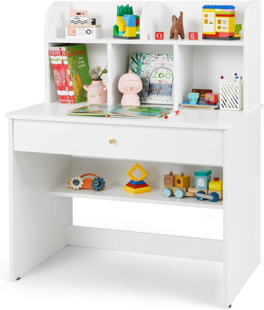 Scrivania in Legno 80 x 48 x 102 cm per Bambini 3+ Anni, Scrivania Cameretta Bambina con 5 Mensole, 1 Cassetto, Spazio di Lavoro e Angoli Arrotondati, Ideale per Studio e Disegno (Naturale)