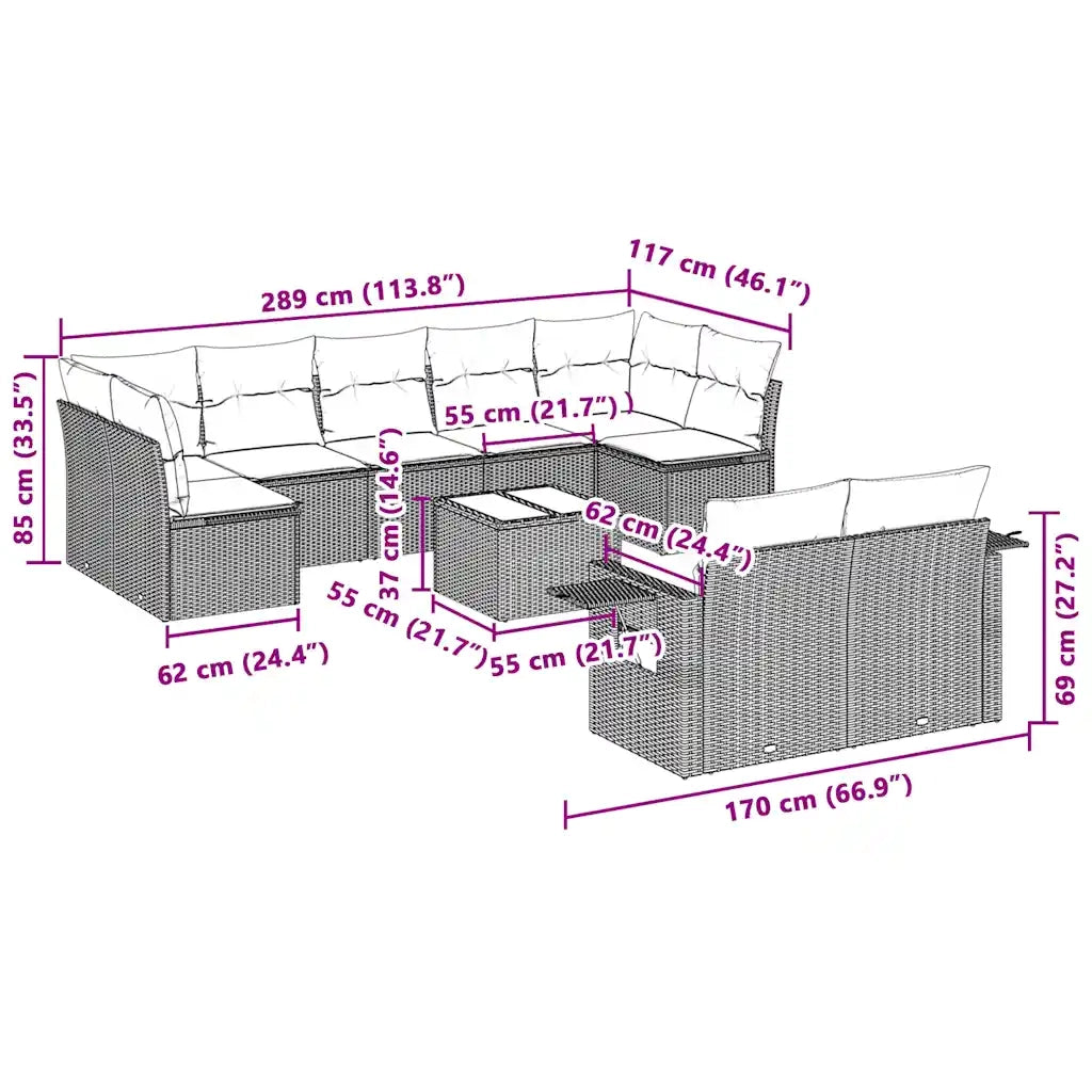 Set Divano Giardino 10 pz con Cuscini Grigio Chiaro Polyrattan