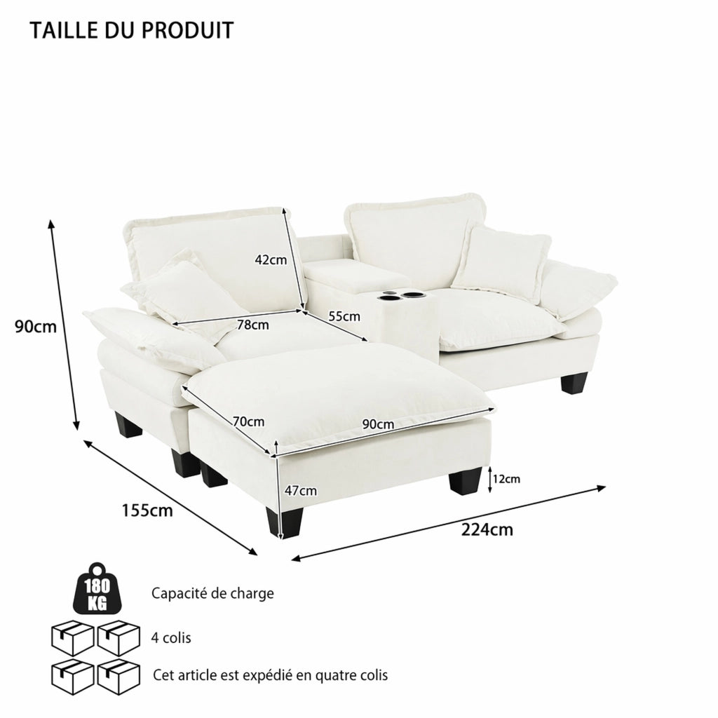 Divano modulare a L con contenitore, portabicchieri e porta USB in chenille beige 224 × 151 × 90 cm