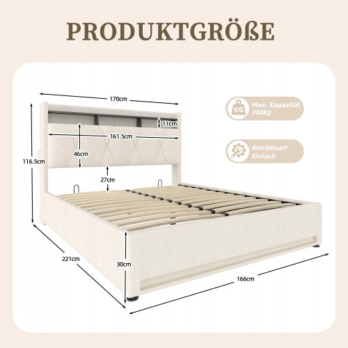 Letto imbottito 160x200 LED USB-C beige - Xylo