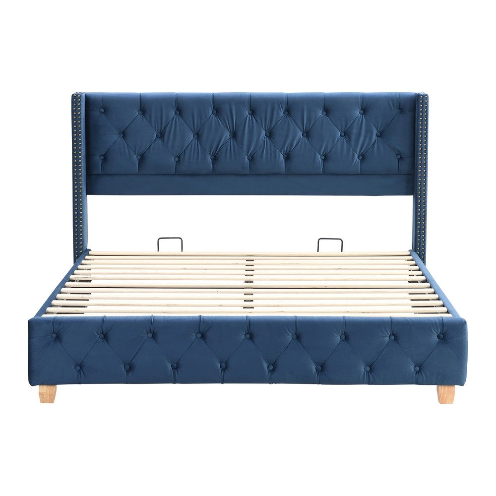 Letto Imbottito con Testiera e Rete a Doghe ¨C MINIMAL ¨C Velluto Blu 160x200