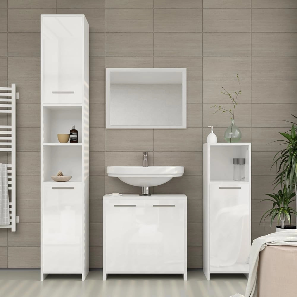 Mobile sottolavabo per bagno Kiko, Bianco lucido/bianco, 58 x 60 cm, con ritaglio per sifone e spazio di stoccaggio per l’organizzazione del bagno